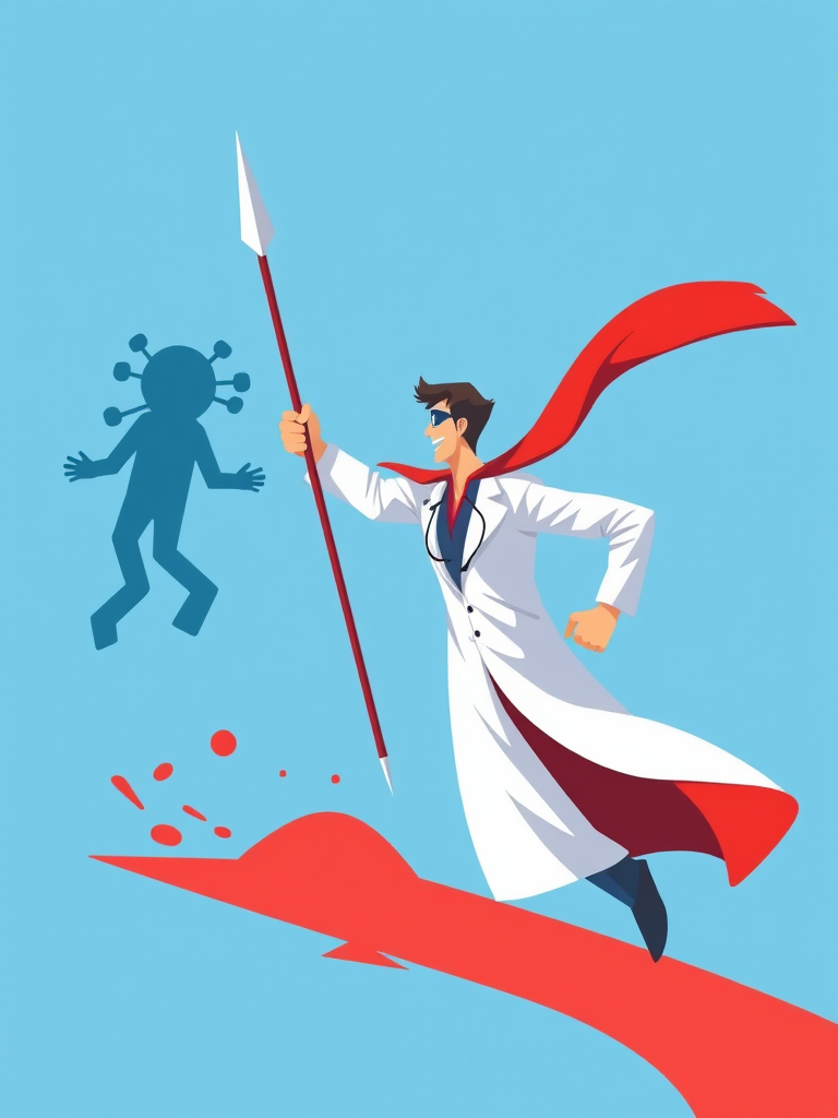 Create a vibrant illustration of a superhero doctor in a white coat and red cape, holding a spear and chasing away a shadowy virus figure in a bright blue background, shot with a Canon EOS R5, 50mm lens, f/1.8, ISO 100, and natural lighting for a clean, sharp look.