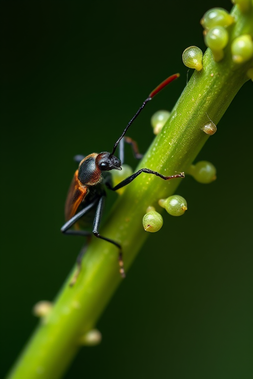 close-up of a beetle on a green stem with aphids, macro lens, f/8 aperture, 1/100s shutter speed, ISO 200, natural light, DSLR camera, shallow depth of field