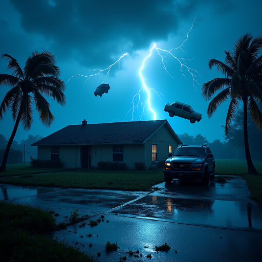 Hurricane Milton blows a roof off a home. Strong winds and rain blows sideways. Palm trees uprooted and bent over. Cars flying through the sky with debris. Sky is dark with thunder storms. Lightning strikes are fluorescent blue. Add text Hurricane Milton 2024