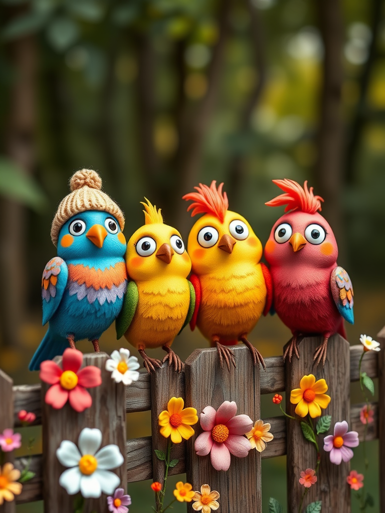 create a scene of 4 quirky  whimsical colourful comical birds each with a funny expression. they are sat on a wooden fence with colourful flowers. they are all different sizes. each one is a different colour  one is wearing a woolly hat. Each one has a different quirky google expression and there is a muted background of trees watercolour paintierly style high definition 8k resolution 3D paper mache