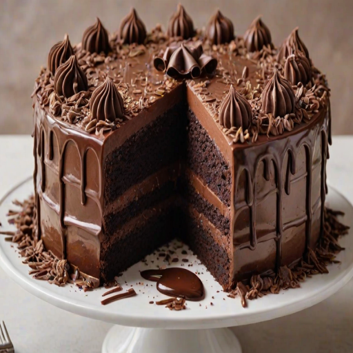 Generate an image of a beautifully decorated chocolate cake. The cake should have multiple layers, rich chocolate frosting, and intricate chocolate decorations on top. Include chocolate shavings and a glossy chocolate ganache dripping down the sides. The overall presentation should be elegant and enticing, showcasing a variety of textures and details.