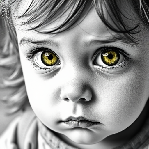 A hyperdetailed photorealistic black and white sketch of a beautiful toddler with deep green eyes, with a macro focus