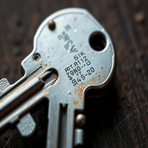 Create a realistic close-up image of a key with intricate details, ISO 100, f/2.8 aperture, 50mm lens, macro photography style, high dynamic range, taken from a top-down view to emphasize texture and shine.
