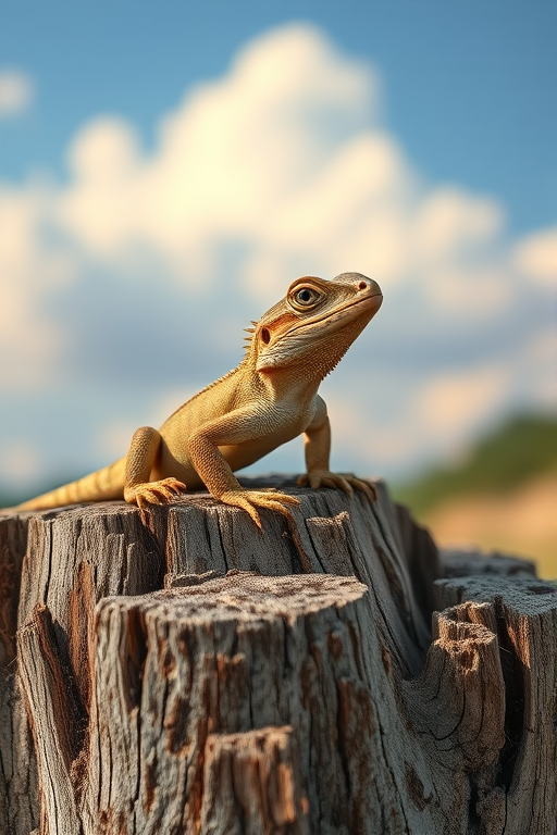 Capture a close-up of a lizard basking on a weathered tree stump with a blurred background showcasing soft clouds, using a DSLR camera with a 50mm lens, aperture set to f/2.8 for a shallow depth of field, ISO 200, and a shutter speed of 1/200 sec for optimal clarity.