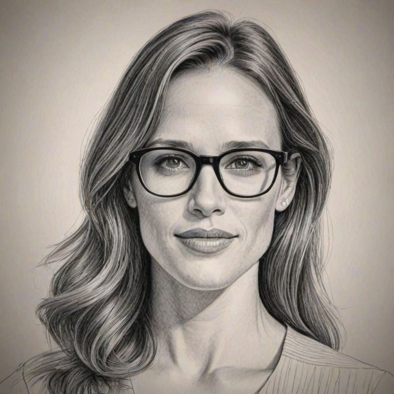 Wonderful Jennifer Garner, pencil sketch, portrait of Attractive woman 1976s in glasses, hair style beatnik, outline, clear lines, fine lines, 8k