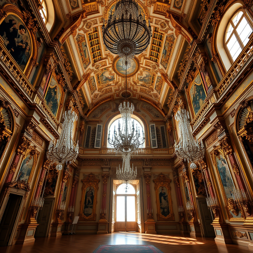 Interior of an ornate palace hall with intricate gold details and chandeliers, soft natural lighting, captured with a Canon EOS R5, 24mm lens, f/4, ISO 200, shutter speed 1/125s, wide-angle view.
