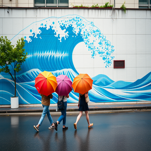 capture a scene of four people walking with colorful umbrellas along a street with a large blue wave mural on the wall, use a Canon EOS R5 with a 35mm f/1.4 lens, aperture f/4.0, shutter speed 1/250s, ISO 400, in natural light for vibrant colors and crisp details