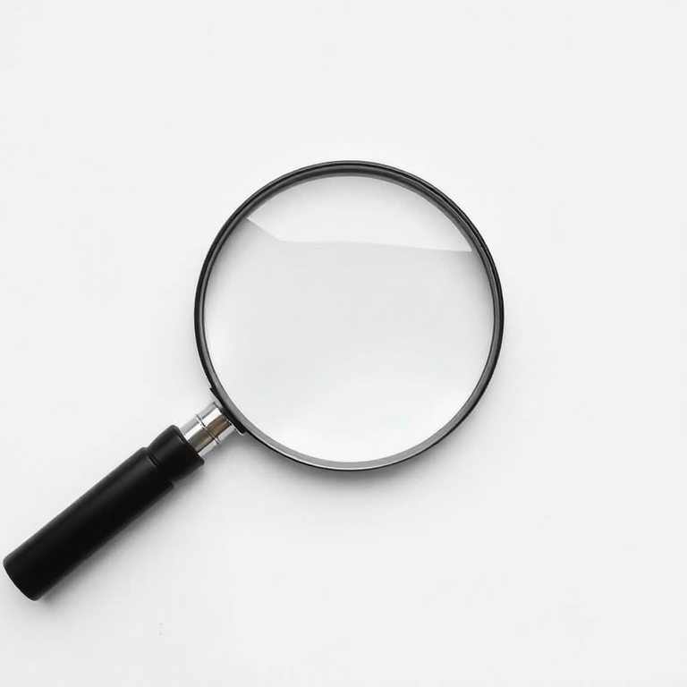 Create a minimalist vector image of a magnifying glass with a circular outline, featuring a sleek modern design, captured with a Canon EOS 5D Mark IV at f/8, ISO 100, 50mm lens, in a flat lay style with even lighting for clarity and detail.