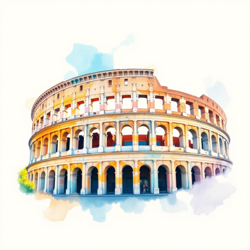 Capture a vibrant watercolor illustration of the Colosseum in Rome during a sunny day, with a focus on vivid colors and soft brush strokes, using a DSLR camera set to 50mm lens, f/8 aperture, ISO 100, and a polarizing filter to enhance colors and reduce glare.