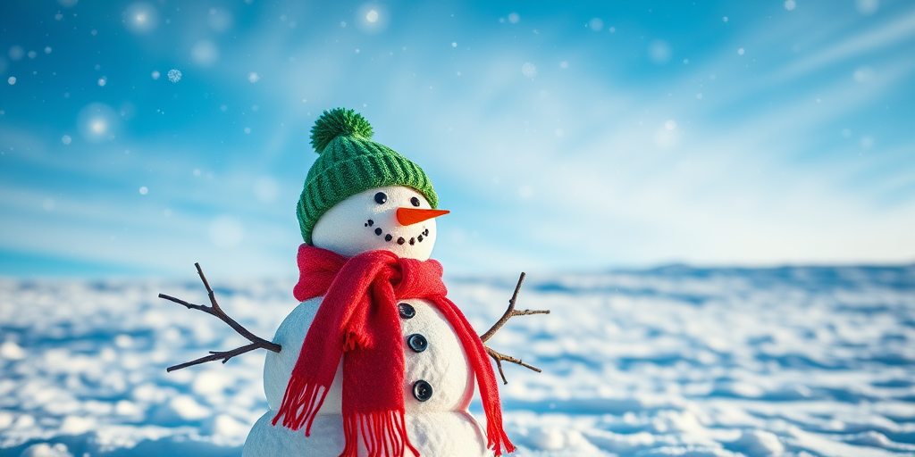 Create a high-resolution image of a snowman wearing a green hat and a red scarf in a snowy landscape, with falling snowflakes under a vibrant blue sky, captured with a DSLR camera at f/8 aperture, ISO 100, 50mm focal length, in a wide-angle view.
