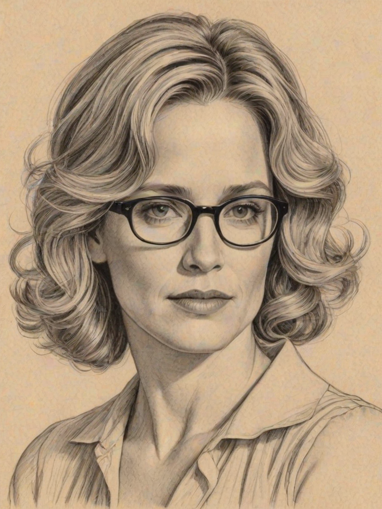 Enticing Elizabeth Shue, pencil sketch, portrait of Magnificent woman 1927s in glasses, hair style beatnik, outline, clear lines, fine lines, 8k