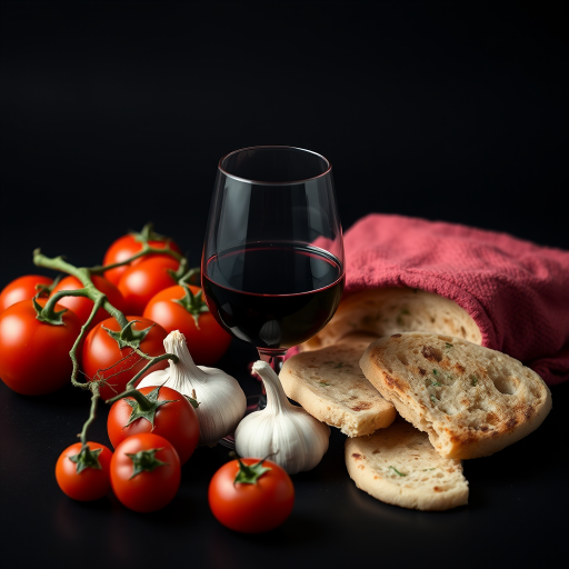 a still life composition featuring a glass of red wine, fresh vine tomatoes, garlic, and several pieces of flatbread, shot with a Canon EOS 5D Mark IV, 50mm f/1.4 lens, aperture f/2.8, ISO 100, in soft diffused lighting against a black background for enhanced depth and detail