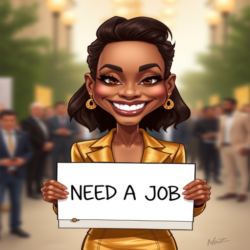caricature of a smiling Zoe Saldana in a Gold dress or suit, holding up a sign that says "NEED A JOB", no watermark,