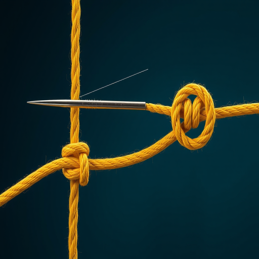 Create a high-resolution illustration of a needle and yellow rope demonstrating different knot techniques, using a DSLR camera with a macro lens, f/2.8 aperture, 100mm focal length, and soft lighting for clarity and detail.
