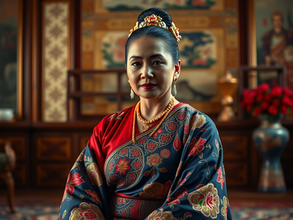 A beautiful Aboriginal Australian woman in traditional East Asian attire, intricately detailed with embroidered patterns, sitting gracefully in a richly decorated room, soft ambient lighting, serene and elegant, ultra-realistic, 8K resolution