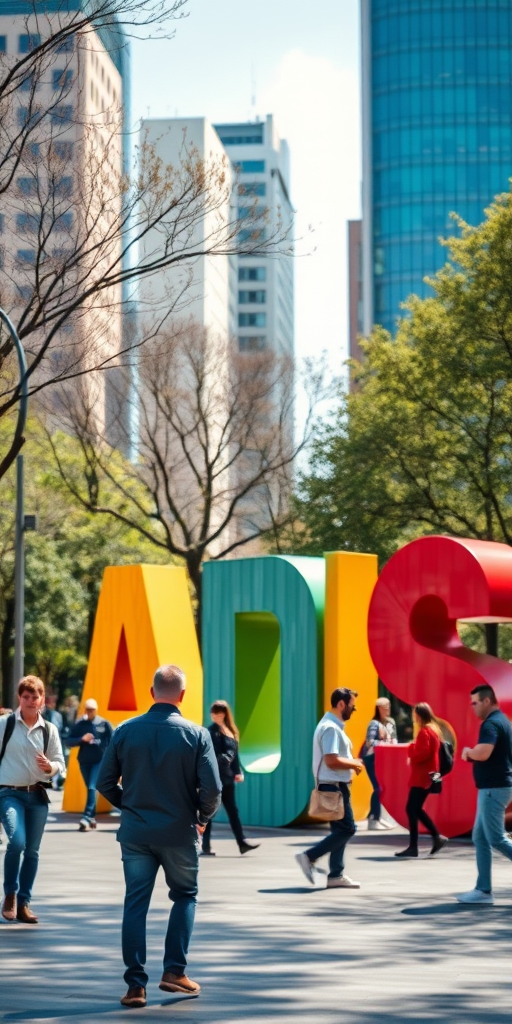 Urban park scene with colorful large letters featuring designs, people interacting, bright daylight, soft focus background, ISO 100, aperture f/4, shutter speed 1/250s, portrait view, DSLR camera, natural lighting.