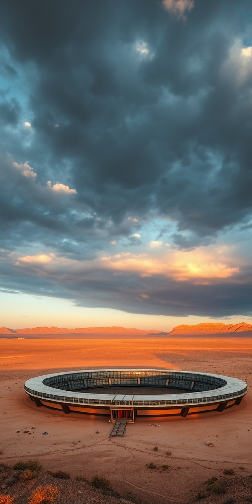 futuristic landscape featuring a massive circular structure in a desert setting under a dramatic sky, with a distant mountain range, golden hour lighting, captured with a Canon EOS R5, 24mm lens, aperture f/8, ISO 100, HDR style, high dynamic range for enhanced details and contrast