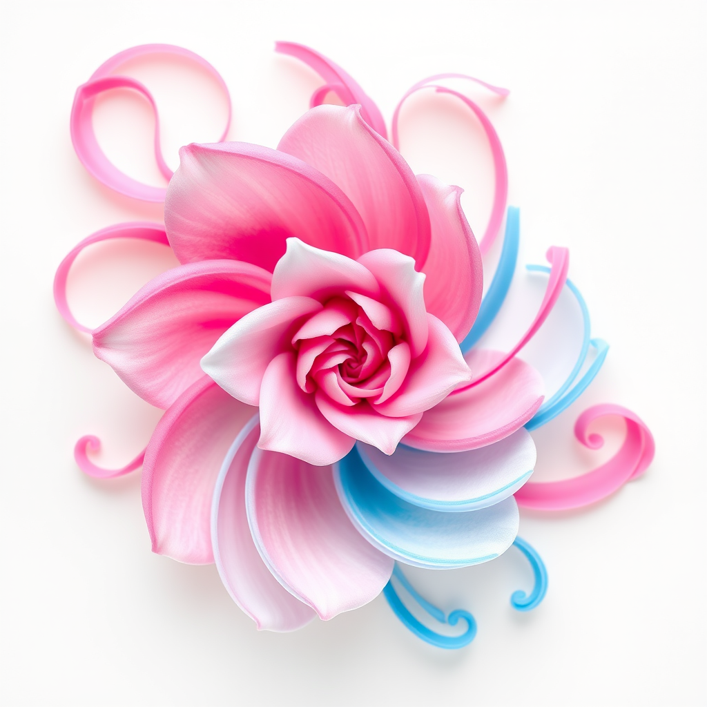 Create a vibrant floral design with pink and soft blue swirls on a white background, using a Canon EOS R5 camera, focal length of 50mm, aperture set to f/2.8, ISO 100, shot in macro mode to capture intricate details and enhance colors.