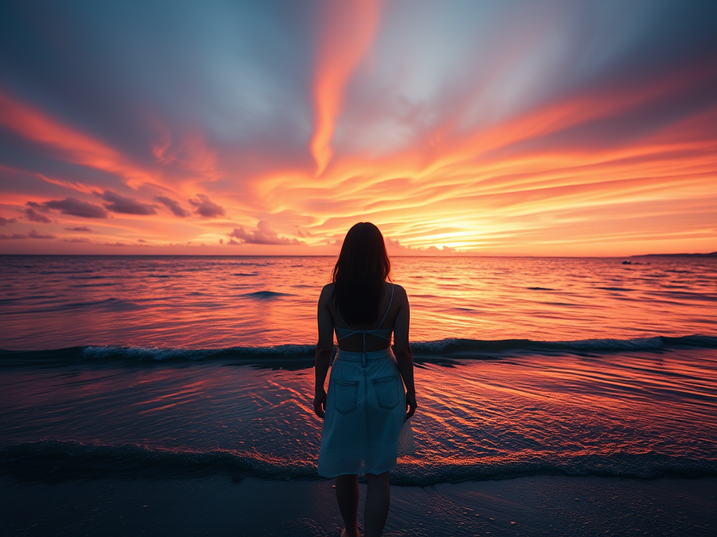 Regenerate an image of a woman standing on the shore at sunset, with vibrant orange and purple clouds reflecting in the water, captured with a DSLR camera at f/2.8, ISO 100, and a 50mm lens, in a backlit composition with high dynamic range for enhanced detail.