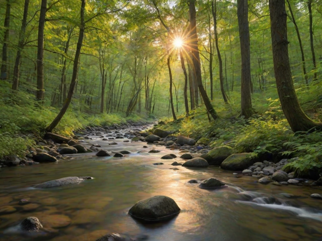 Create an image of a serene, sunlit forest scene with a clear, gently flowing river. Tall trees with lush green foliage line both sides of the river, their leaves bathed in the warm golden light of the setting or rising sun. The sunlight filters through the trees, casting soft, dappled light on the river, which flows over smooth rocks and pebbles, creating a peaceful, natural atmosphere. The sky is bright with a few scattered clouds, and the overall mood is tranquil, evoking a deep sense of connection with nature. The image captures the beauty of a calm, pristine forest landscape at either dawn or dusk.
