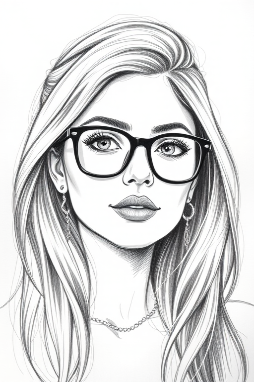 hot mia khalifa, pencil sketch, portrait of beautiful woman 60s in glasses, hair style beatnik, outline, clear lines, fine lines, 8k