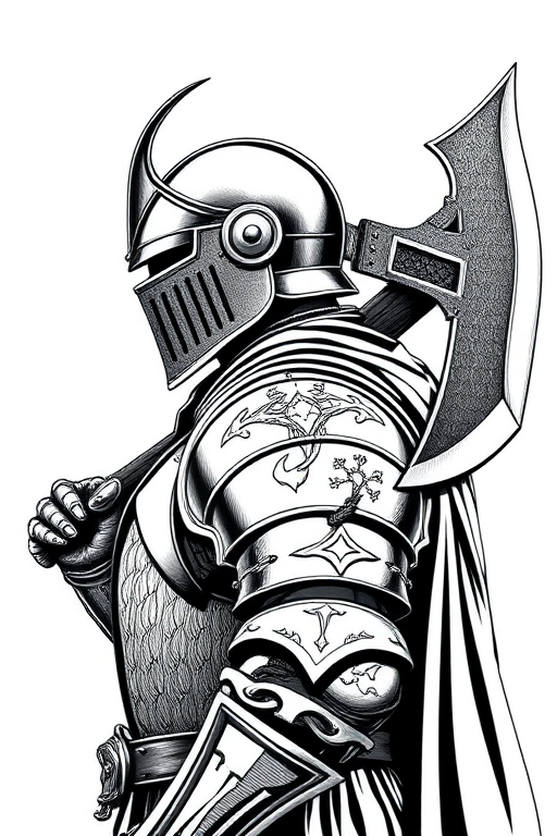 Create a high-resolution vector-style illustration of a medieval knight in profile, showcasing intricate armor details and a large axe, captured with a DSLR camera at f/8 aperture, ISO 100, 50mm lens, natural light, and a clean, sharp focus to enhance line quality and texture.