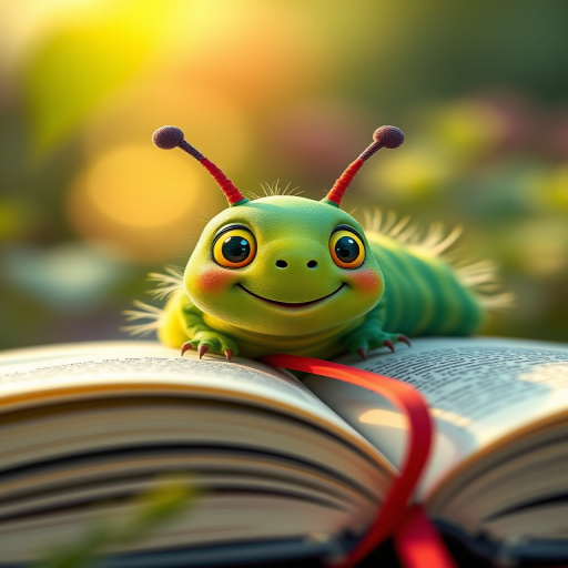 illustrate a smiling green caterpillar peeking over an open book with a red bookmark, vibrant colors, soft lighting, shallow depth of field, DSLR camera, 50mm lens, f/2.8, ISO 100, natural outdoor light