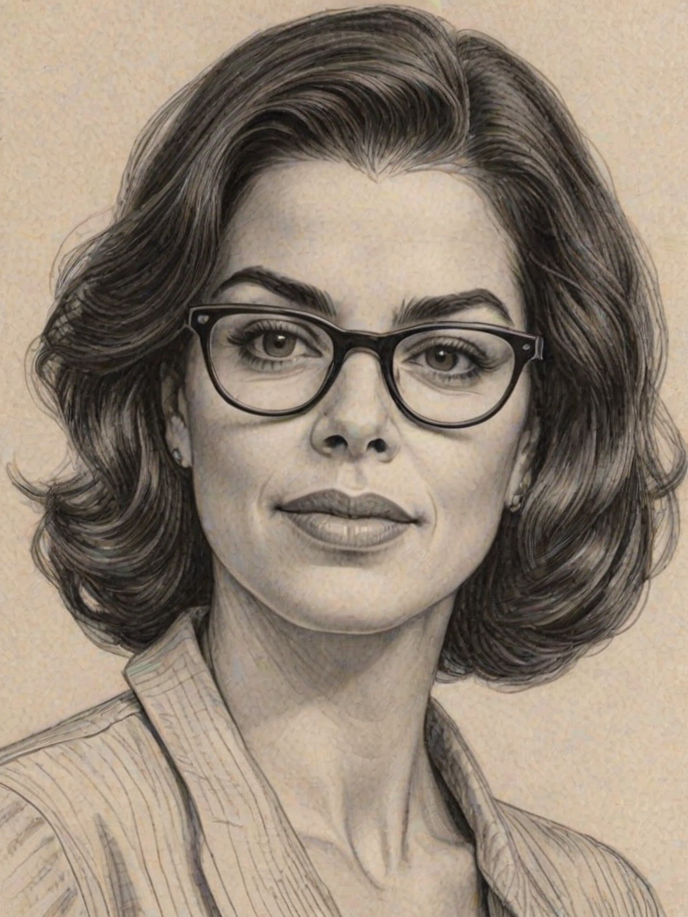 Gorgeous Annabella Sciorra, pencil sketch, portrait of Enticing woman 1931s in glasses, hair style beatnik, outline, clear lines, fine lines, 8k