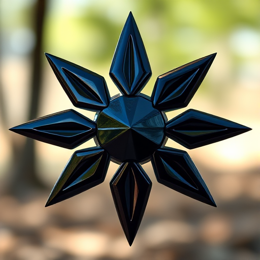 Create a high-resolution image of a black ninja star symbol with a glossy finish, using a DSLR camera with a 50mm lens, f/1.8 aperture, ISO 100, shot in natural light from a front angle, with a blurred background for emphasis.