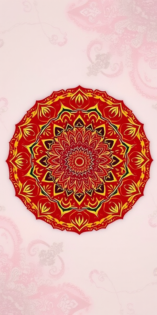 highly detailed circular mandala design with intricate patterns in red and gold colors, soft pastel background with hints of pink and gray, captured using a Canon EOS 5D Mark IV, aperture f/2.8, shutter speed 1/125 sec, ISO 100, wide-angle lens, soft focus style
