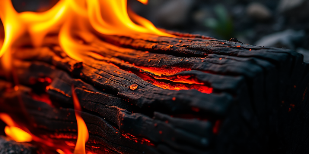Create a close-up shot of a burning log with vibrant flames and detailed textures, taken with a Canon EOS R5 at f/2.8, ISO 100, 1/200s, natural light, shallow depth of field, emphasizing the contrasts in color and texture.
