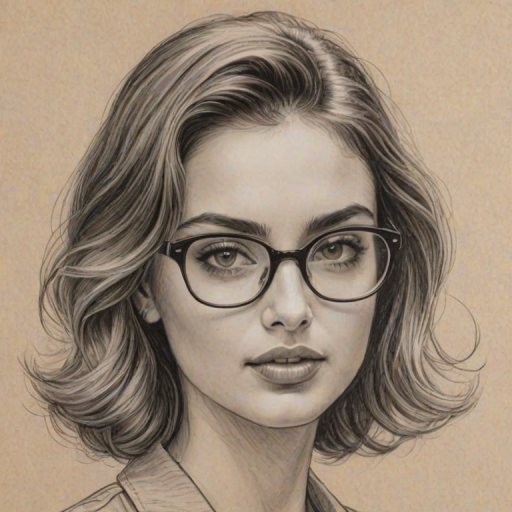 Fetching Ana de Armas, pencil sketch, portrait of Enticing woman 1945s in glasses, hair style beatnik, outline, clear lines, fine lines, 8k