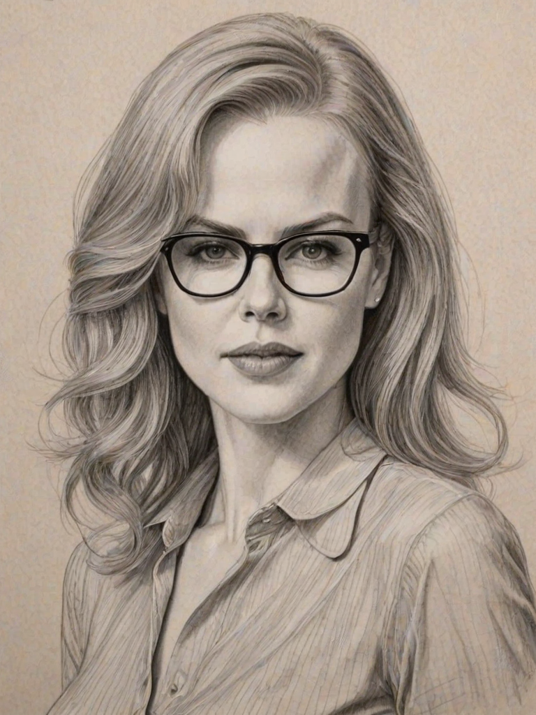 Lovely Nicole Kidman, pencil sketch, portrait of Attractive woman 1947s in glasses, hair style beatnik, outline, clear lines, fine lines, 8k