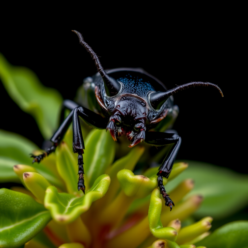 Close-up macro shot of a rhinoceros beetle on green foliage with dark background, f-stop f/11, shutter speed 1/200s, ISO 100, 100mm macro lens, studio lighting for enhanced detail and clarity.