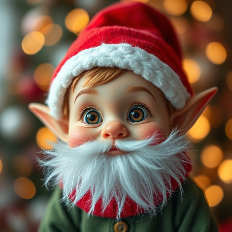 Create a whimsical portrait of a cute, chubby elf with large expressive eyes wearing a Santa hat and a fuzzy white beard, set against a softly blurred festive background, captured with a Canon EOS R5, 50mm f/1.2 lens, aperture set to f/2.8, ISO 100, using a shallow depth of field for enhanced detail and vibrant colors.