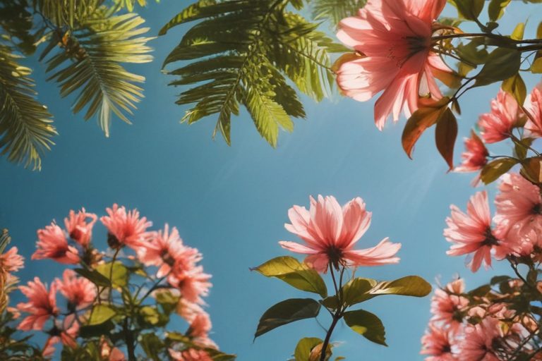 Vibrant Pink Flowers and Lush Green Leaves Against a Clear Blue Sky