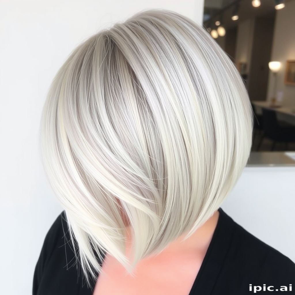 Sophisticated silver fox bob with a sleek side part, featuring icy platinum streaks and a glass-like shine for a polished and timeless look