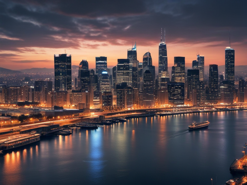 Stunning City Skyline at Dusk with Illuminated Buildings and Reflections