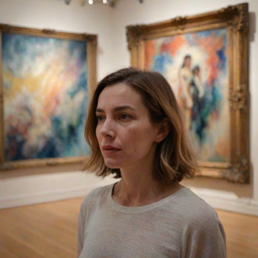 Blurry candid shot of a woman exploring an art gallery, softly illuminated by the artwork on display, her expression one of curiosity as she admires a large abstract painting.