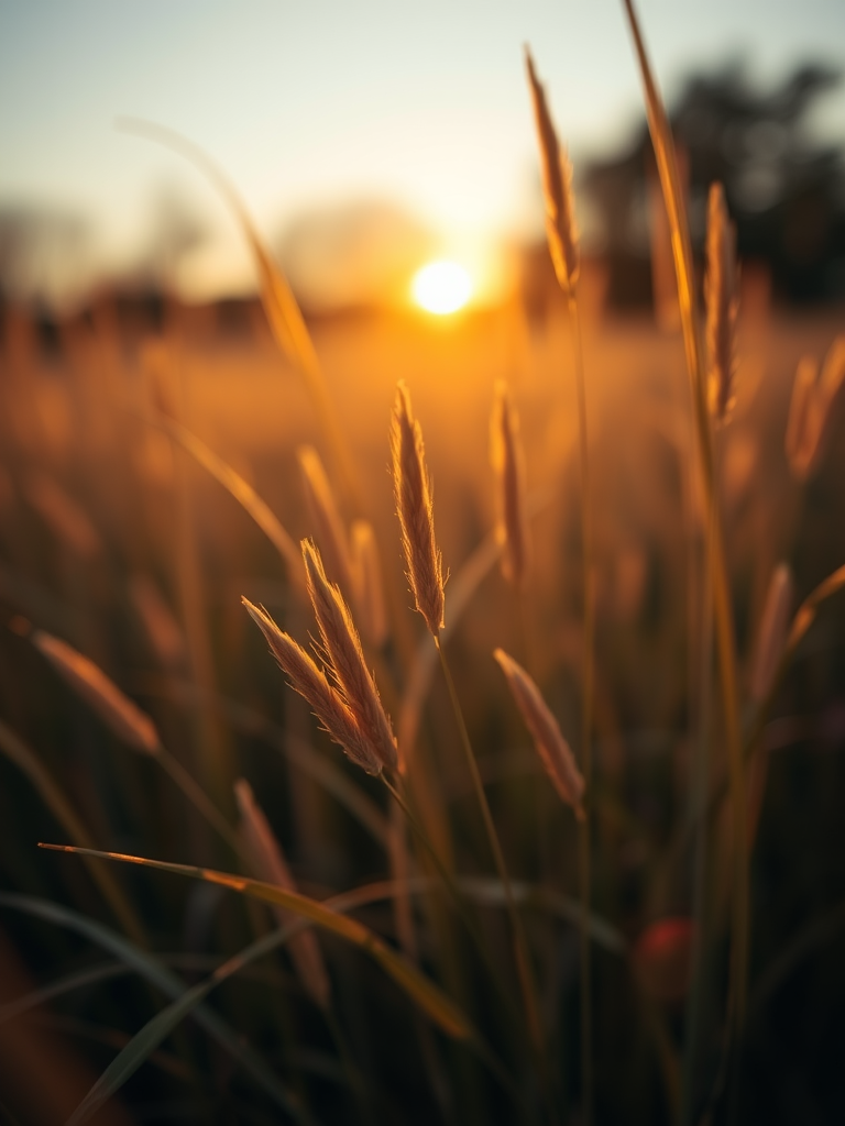 Capture a close-up view of golden grass in soft focus during golden hour, using a DSLR camera with a 50mm lens, aperture set to f/2.8 for shallow depth of field, shutter speed 1/200s, and ISO 100 to enhance image quality.