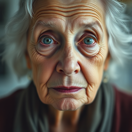 Close-up portrait of an elderly woman with expressive features, captured in a dramatic lighting setting, ISO 100, aperture f/2.8, shutter speed 1/200s, 85mm lens, soft focus background to enhance details, using a full-frame DSLR camera.