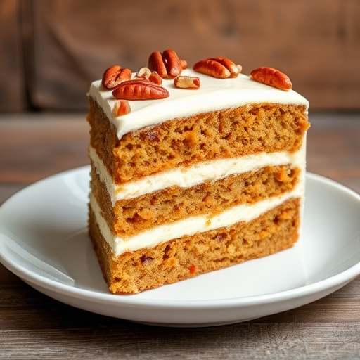 A slice of moist carrot cake layered with creamy cheesecake filling topped with smooth white frosting and sprinkled with chopped pecans served on a white plate with a rustic background.