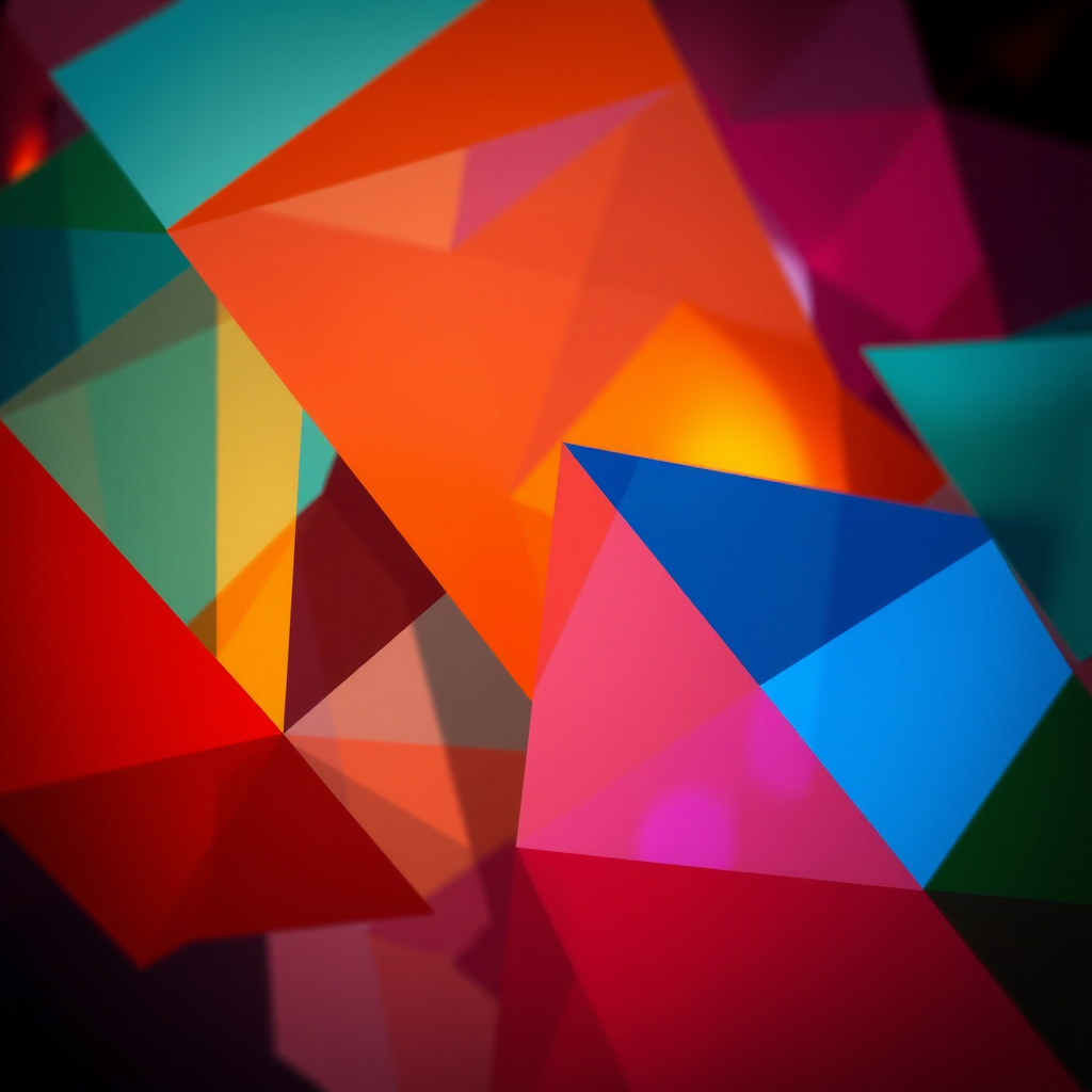 Create a high-resolution abstract image featuring geometric shapes and vibrant colors, captured with a Canon EOS R5 camera, 50mm lens, aperture f/1.8, ISO 100, and a slight vignette effect for depth.