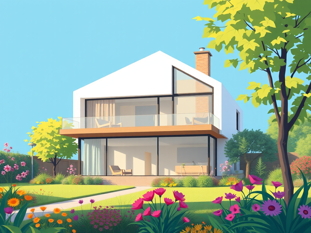 illustration of a modern house with large windows and a unique architectural style, in a vibrant garden setting, soft blue background, shot with a DSLR camera at f/8, 50mm lens, natural light, high resolution