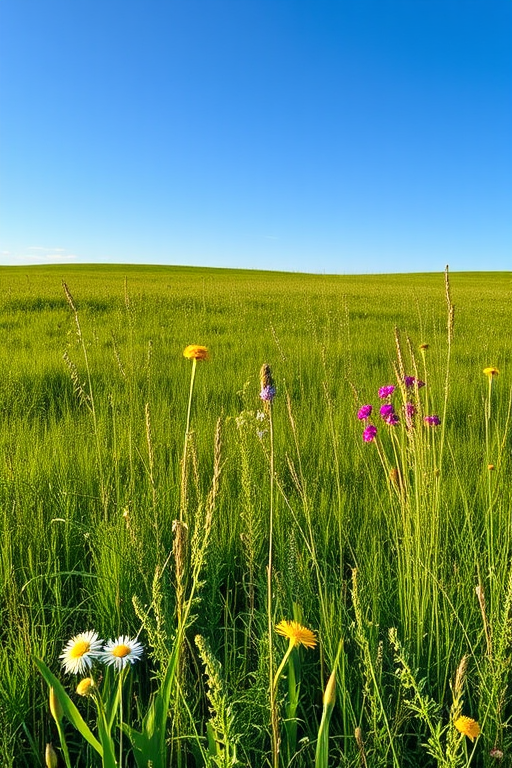 Generate an image of a serene landscape featuring a lush green meadow with wildflowers under a clear blue sky, taken with a Canon EOS R5, 24mm lens, f/8 aperture, ISO 200, 1/250 sec shutter speed, in vibrant colors and high detail.