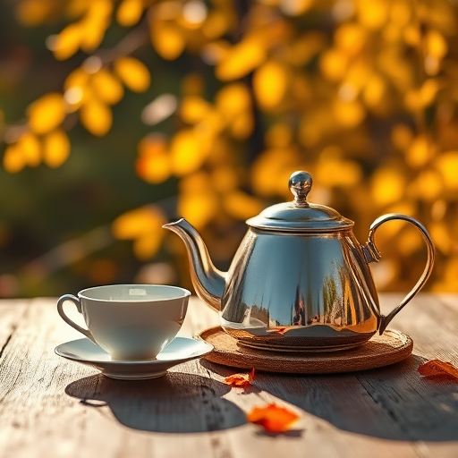 Capture a warm autumn scene featuring a silver teapot and a delicate teacup on a wooden table, with golden leaves in the background and soft sunlight filtering through, using a DSLR camera at f/2.8, ISO 100, 50mm lens, natural light, shallow depth of field to enhance details.
