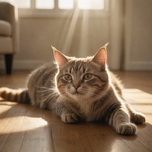 Softly focused close-up of a cat stretching out in a sunbeam on a hardwood floor, its fur gently illuminated by the soft light, with dust particles dancing in the air and a faint purring sound almost audible.