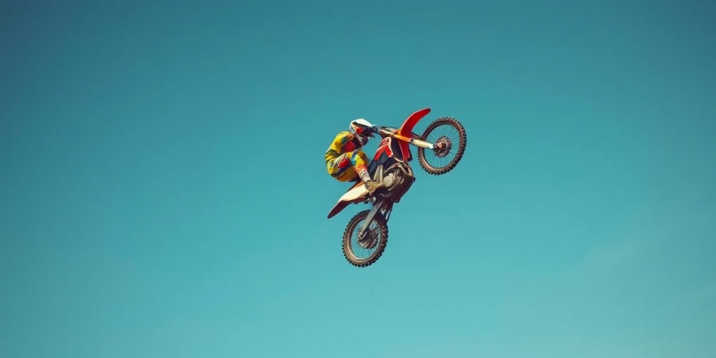 Capture a motocross rider performing a mid-air trick against a clear blue sky, shot with a DSLR camera at f/4, ISO 200, shutter speed 1/1000 sec, using a wide-angle lens from a low-angle view to emphasize height and action.