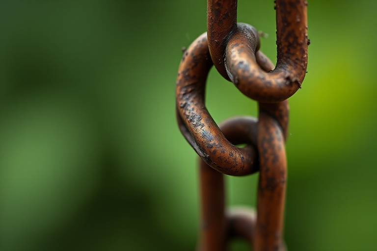 macro shot of a rusted chain with a blurred green background, aperture f/2.8, shutter speed 1/200 sec, ISO 100, 50mm lens, taken with a DSLR camera