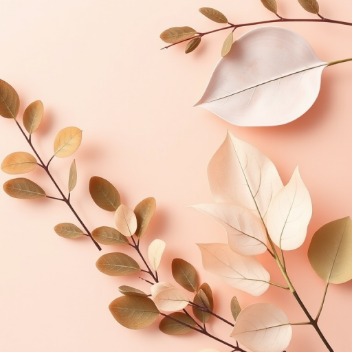 Generate a minimalist abstract background featuring stylized leaves and organic shapes in soft pastels, f/8 aperture, 50mm lens, 1/125 shutter speed, natural lighting, shot from a top-down view with an emphasis on flat lay composition.